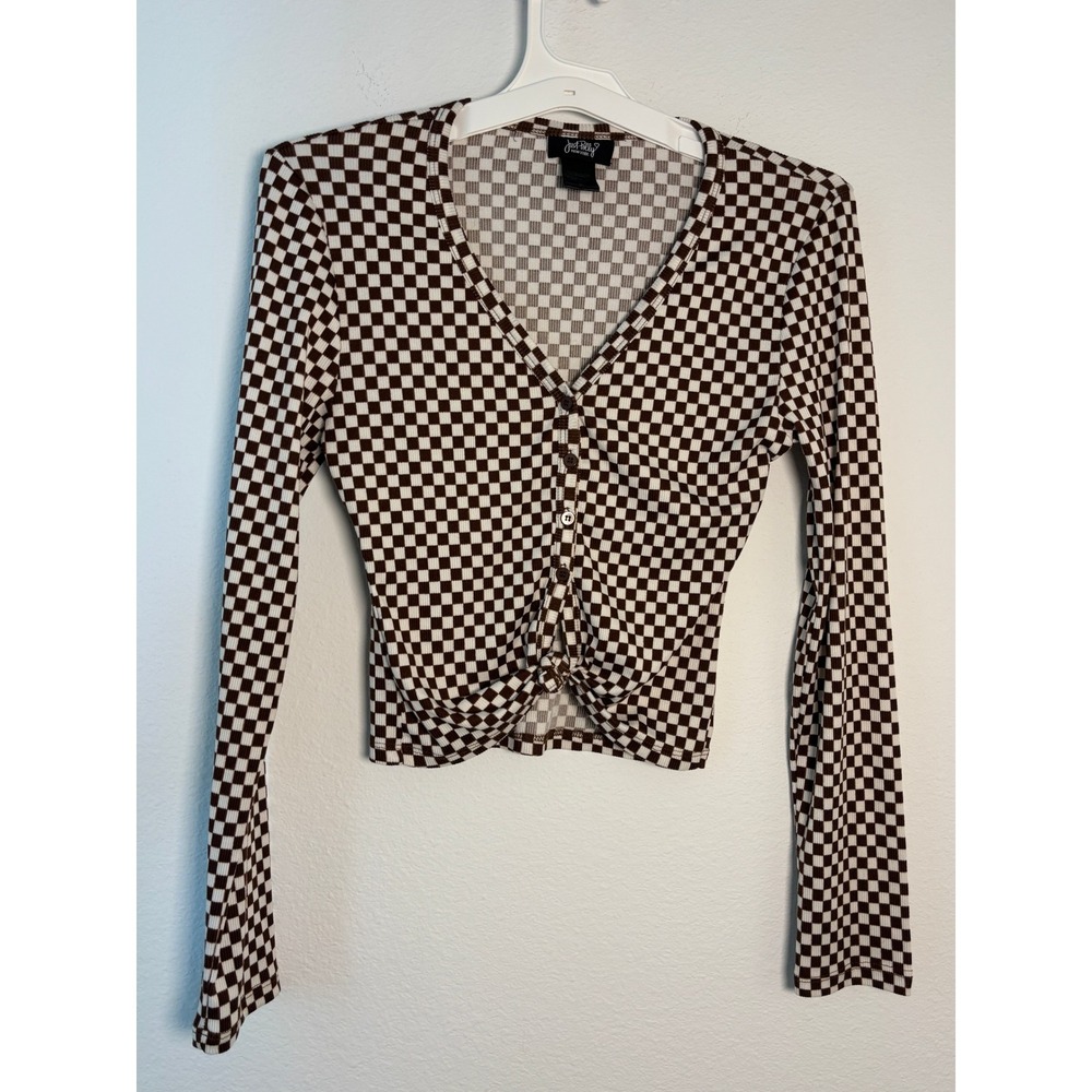 Just Polly New York Brown Checkered Long Sleeve Button Front Knot Crop Top Small